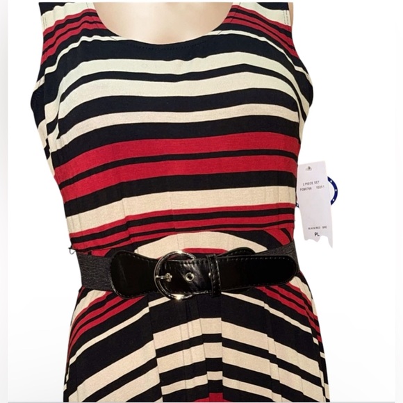 SIGNATURE BELTED STRIPED DRESS SCOOP NECK WOMENS CASUAL SLEEVELESS SIZE PLARGE - Picture 2 of 16